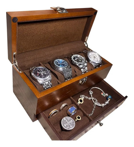 Caja Organizador 4 Relojes Anillos Pulseras 100% Madera Luxe Marrón - Imagen 4