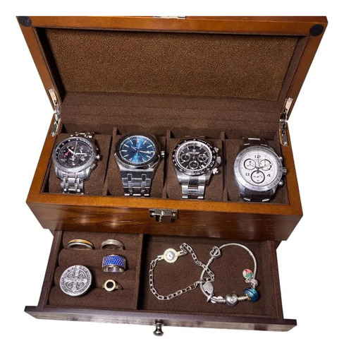 Caja Organizador 4 Relojes Anillos Pulseras 100% Madera Luxe Marrón - Imagen 5