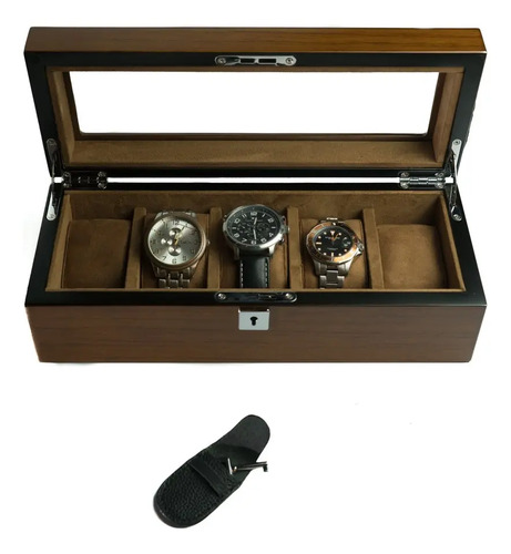 Caja Organizador 5 Relojes Crudo C/llave Marrón Acero Chocolate - Imagen 3